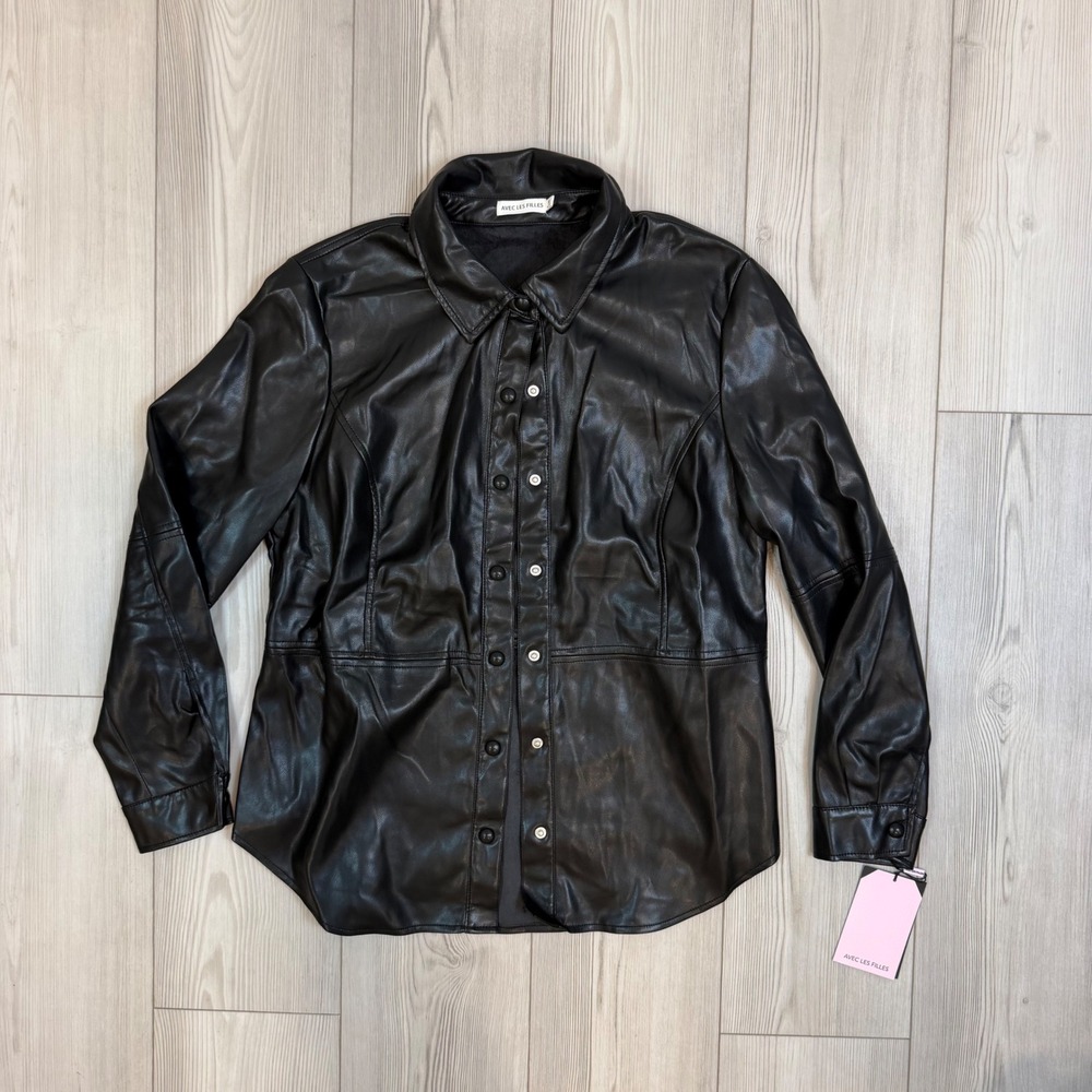 Avec Les Filles XL Black Faux-Ever Leather Button Front Shirt Jacket NWT